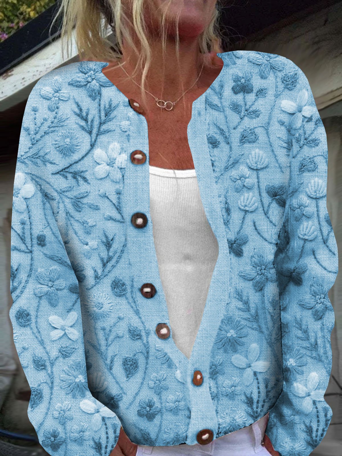 Cardigans Décontracté Floral Printemps / Automne Boutonné Micro-élasticité Ample Manches Longues Régulier Droit pour Femmes
