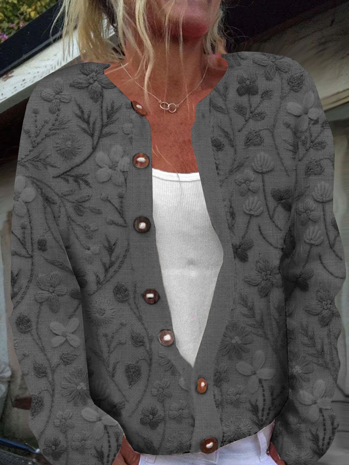 Cardigans Décontracté Floral Printemps / Automne Boutonné Micro-élasticité Ample Manches Longues Régulier Droit pour Femmes