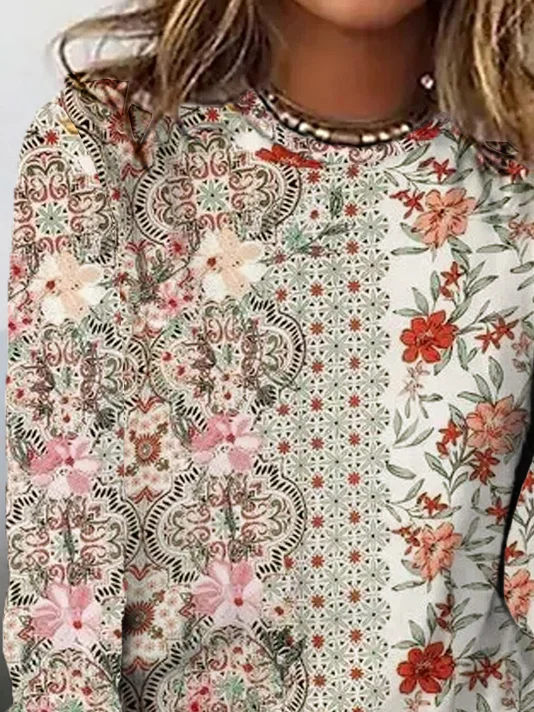 T-shirts Femmes Décontracté Floral Printemps / Automne Micro-élasticité Quotidien Jersey Manches Longues Droit Régulier