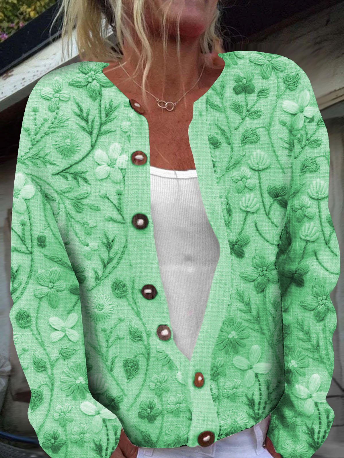 Cardigans Décontracté Floral Printemps / Automne Boutonné Micro-élasticité Ample Manches Longues Régulier Droit pour Femmes