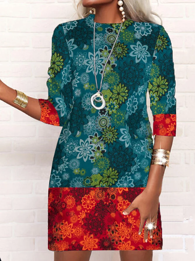 Femmes Floral Bleu Col Rond Confortable Mini Robe Décontracté