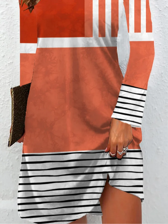 Femmes Rayé Orange Col Rond Confortable Mini Robe Décontracté
