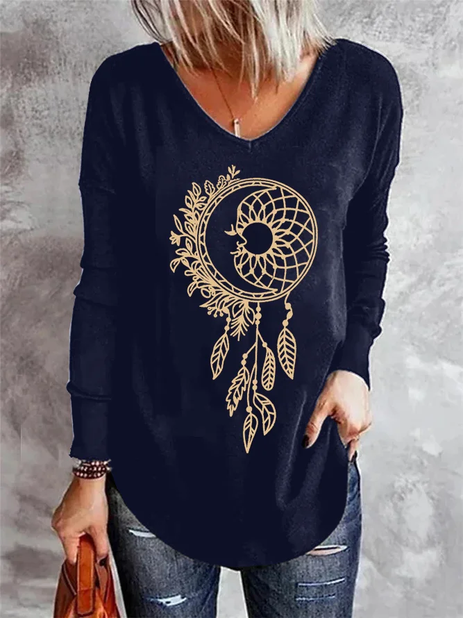 T-shirts Boho Printemps / Automne Attrapeur de rêves Col V Quotidien Mi-long Droit Élasticité moyenne Oui pour Femmes