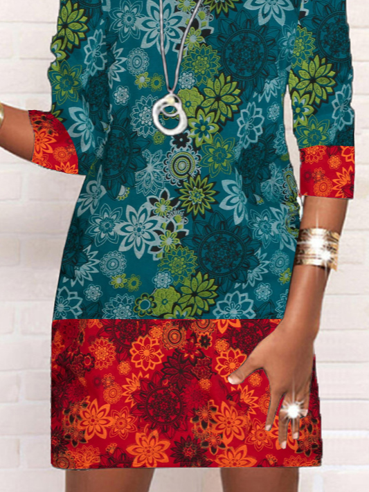 Femmes Floral Bleu Col Rond Confortable Mini Robe Décontracté