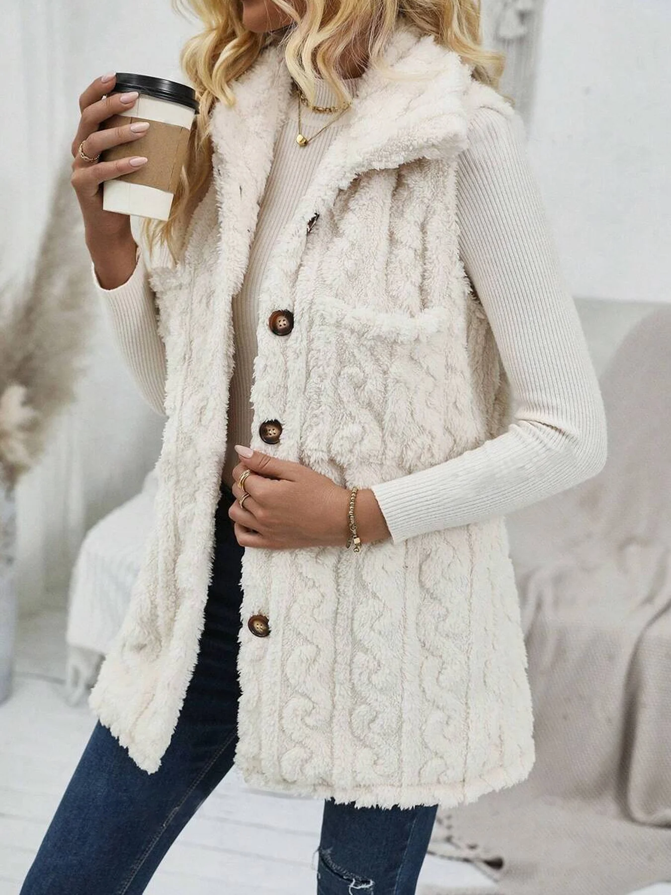Col Châle Manches Longues Régulier Plain Gilet Poche Couture pour Femmes
