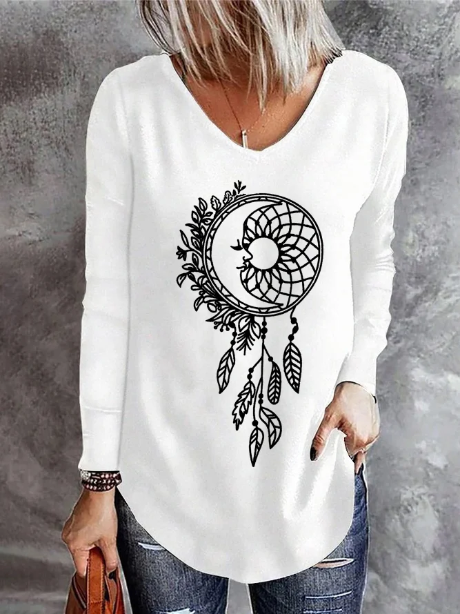 T-shirts Boho Printemps / Automne Attrapeur de rêves Col V Quotidien Mi-long Droit Élasticité moyenne Oui pour Femmes