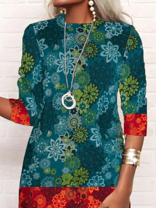 Femmes Floral Bleu Col Rond Confortable Mini Robe Décontracté