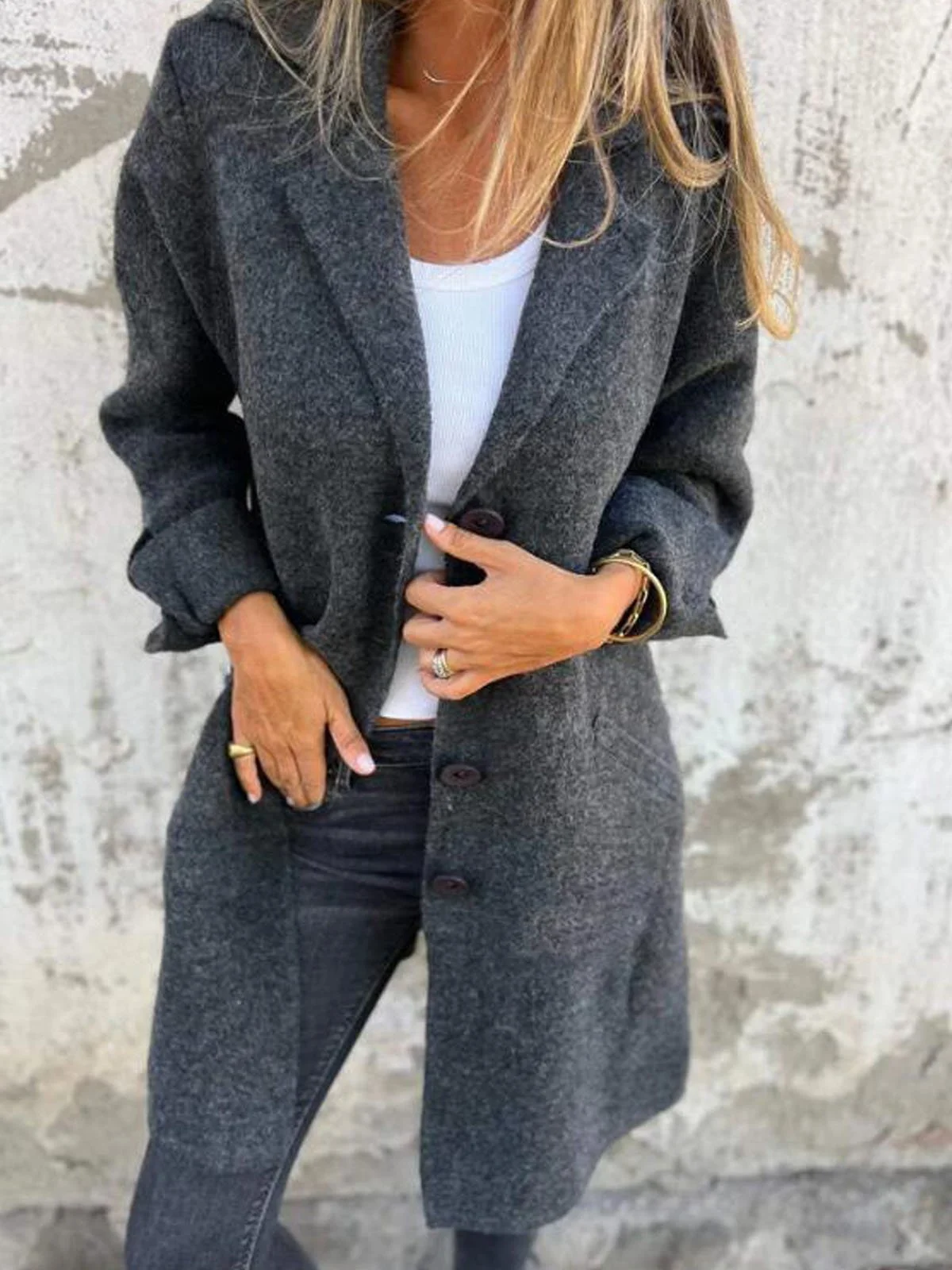 à Col Revers Manches Longues Régulier Plain Manteau Boucle pour Femmes