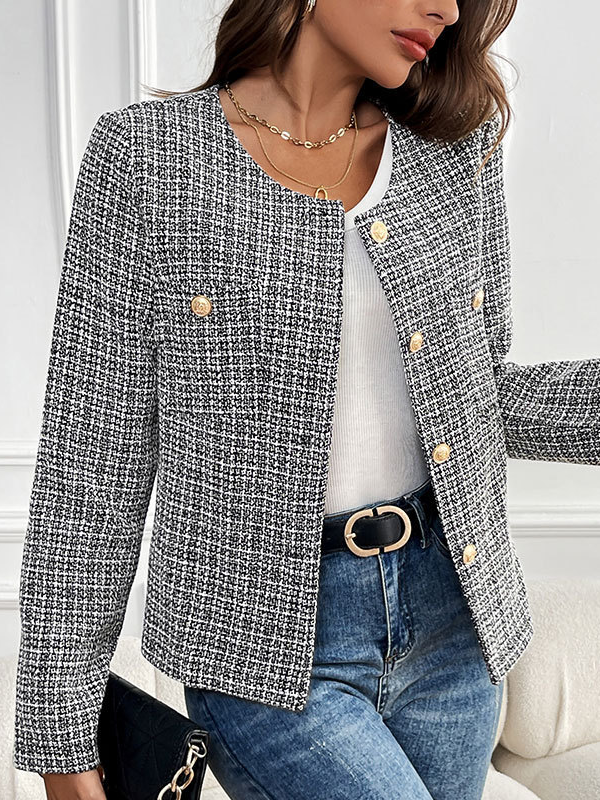 Col Rond Manches Longues Régulier Plaid Blouson Aviateur Blouson Boucle pour Femmes