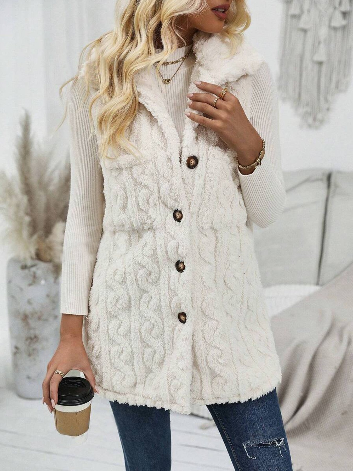 Col Châle Manches Longues Régulier Plain Gilet Poche Couture pour Femmes