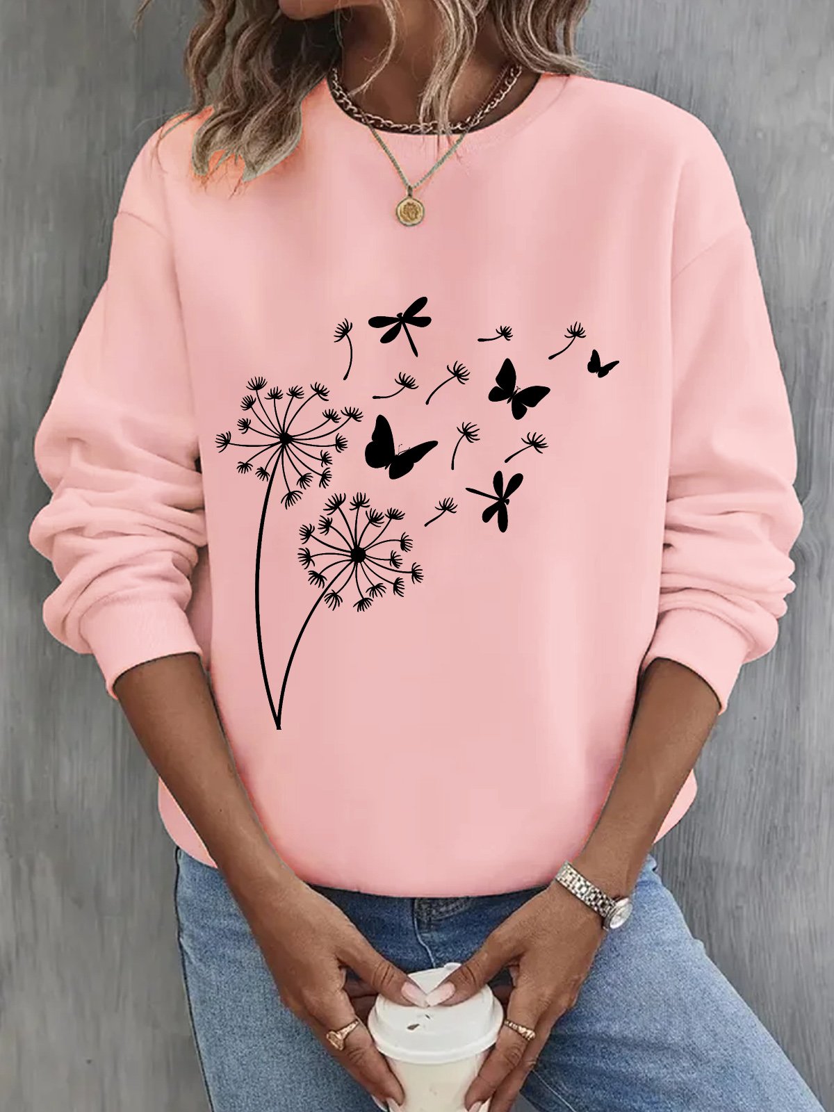 Sweat-shirts Femmes Décontracté Printemps / Automne Pissenlit Coton Micro-élasticité Ample Manches Longues Régulier Régulier