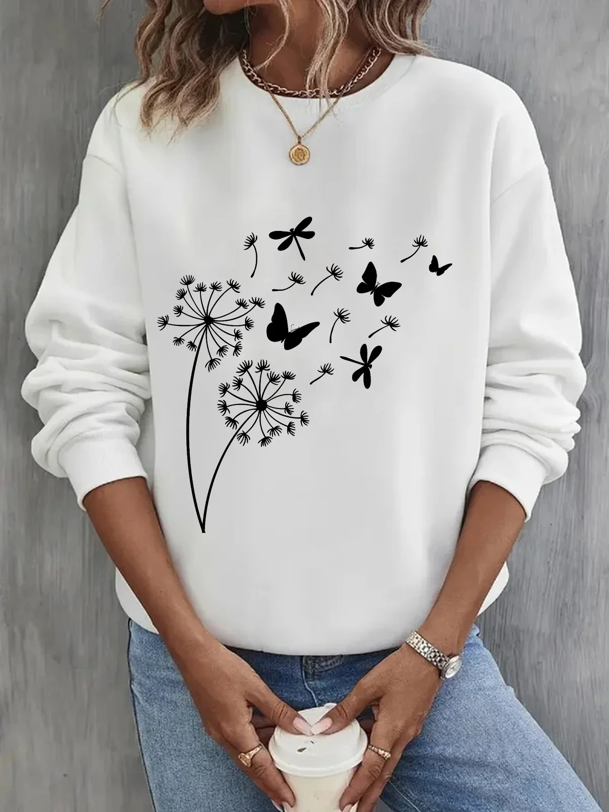 Sweat-shirts Femmes Décontracté Printemps / Automne Pissenlit Coton Micro-élasticité Ample Manches Longues Régulier Régulier