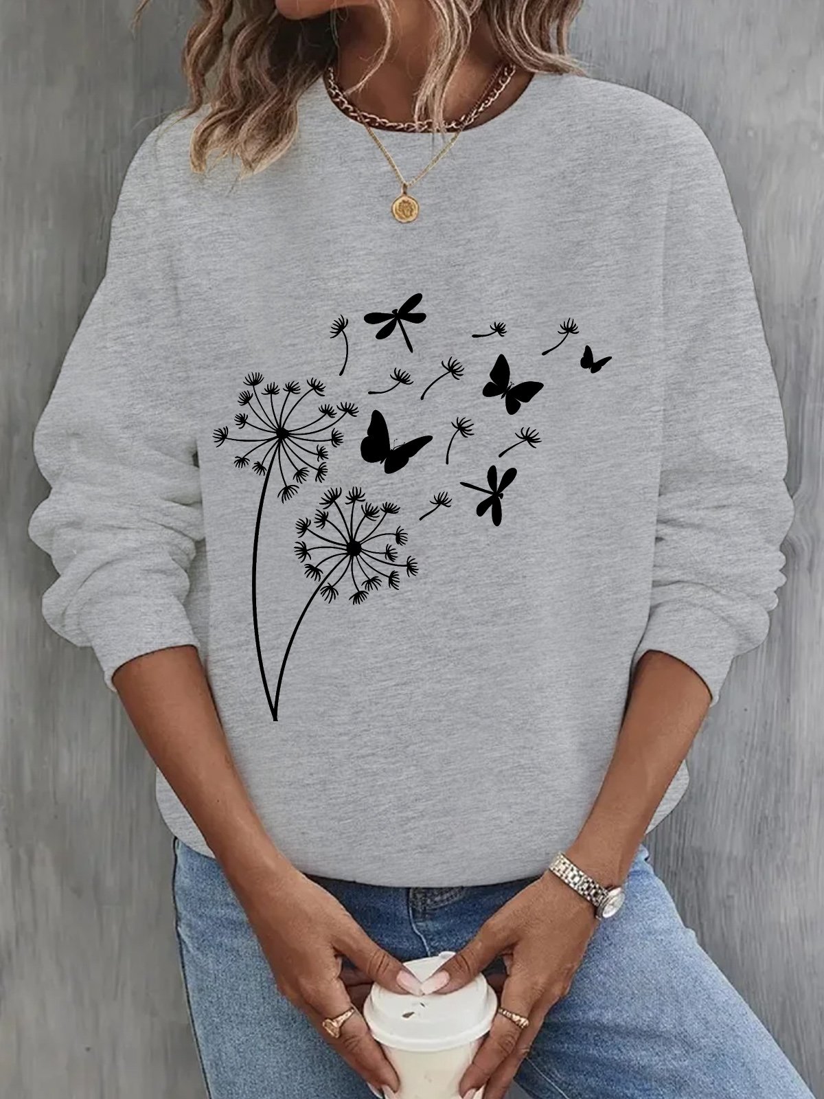 Sweat-shirts Femmes Décontracté Printemps / Automne Pissenlit Coton Micro-élasticité Ample Manches Longues Régulier Régulier