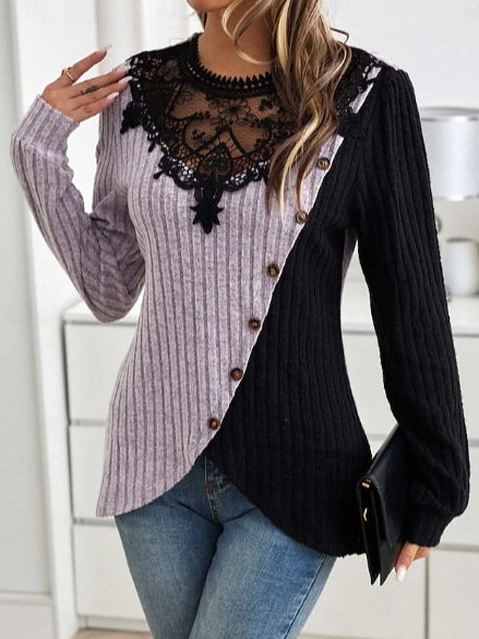 Chemisiers1 Décontracté Bloc de Couleur Printemps / Automne Polyester Micro-élasticité Ample Manches Longues Droit Régulier pour Femmes