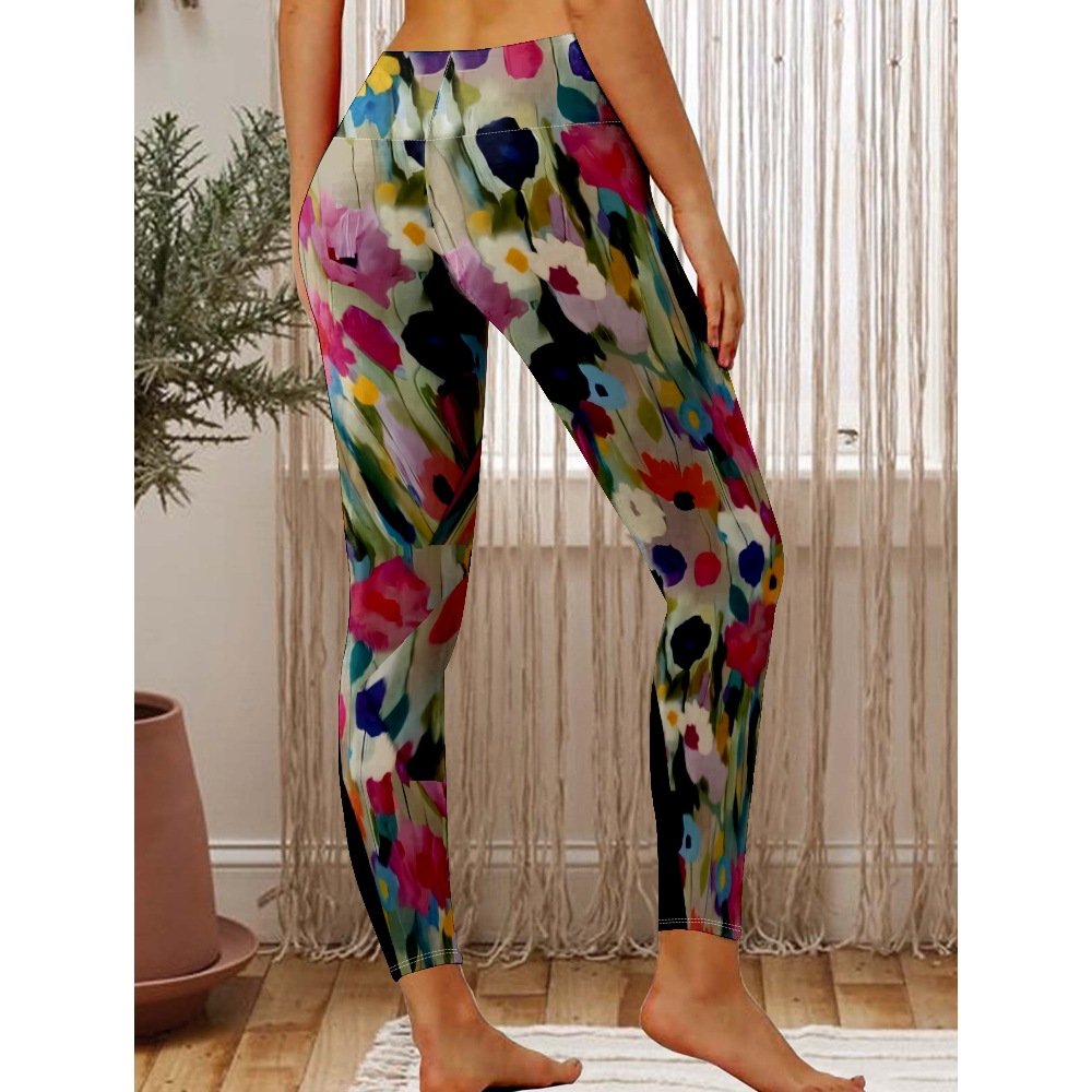 Pantalons De Yoga Décontracté Floral Hiver Polyester à Haute Élasticité Faire la navette Pantalon coupe slim Long en Toison pour Femmes