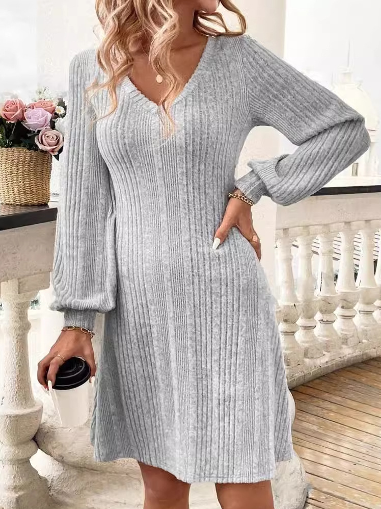 Femmes Plain Gris Col V Confortable Robe Mi-Longue Décontracté