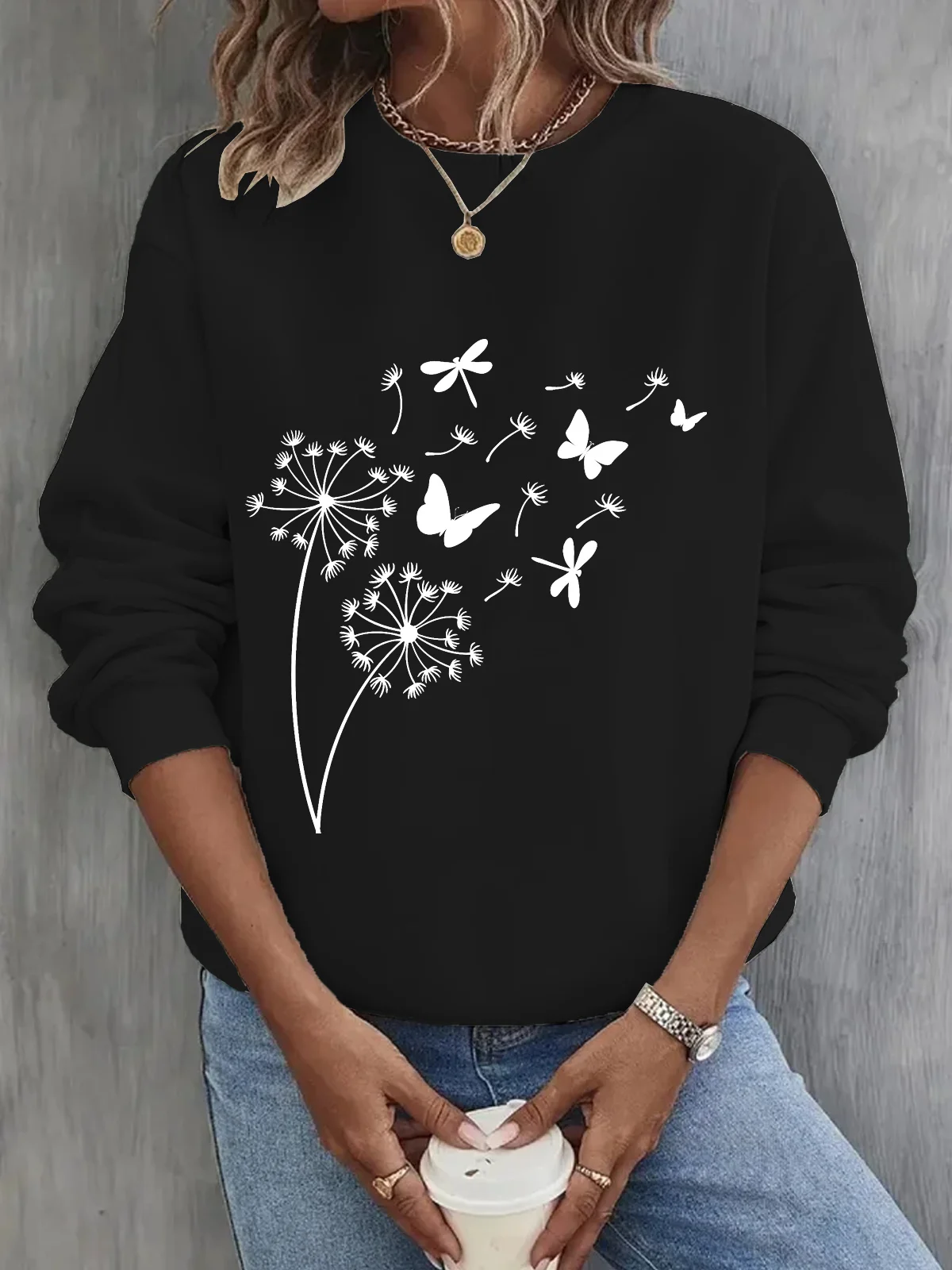 Sweat-shirts Femmes Décontracté Printemps / Automne Pissenlit Coton Micro-élasticité Ample Manches Longues Régulier Régulier