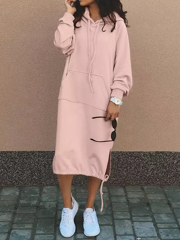 Femmes Plain Rose Sweat-shirt à Capuche Confortable Robe Mi-Longue Décontracté