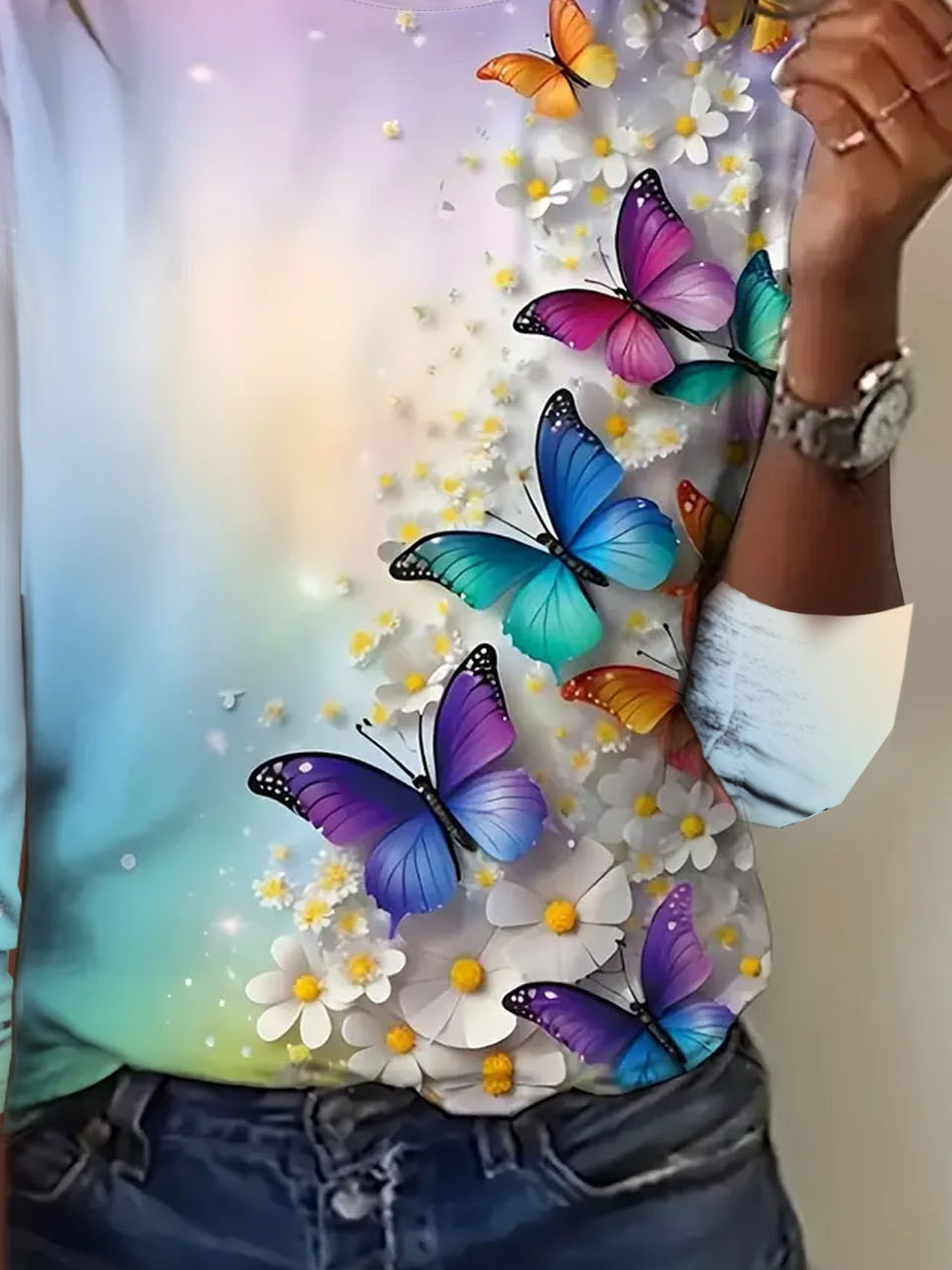 T-shirts Femmes Décontracté Printemps / Automne Papillon Micro-élasticité Quotidien Ample Col Rond Régulier Régulier