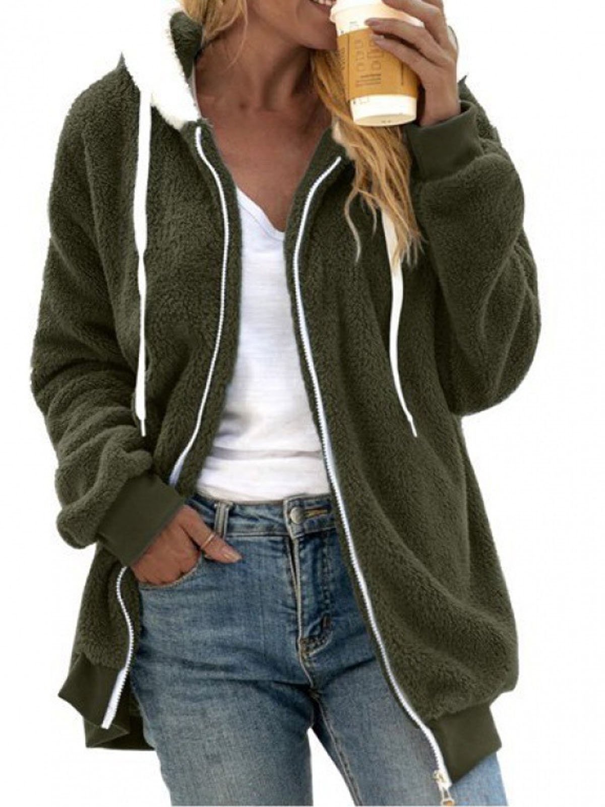 Micro-élasticité Sweat-shirt à Capuche Manches Longues Épaissi Plain Caniche Blouson Zip pour Femmes