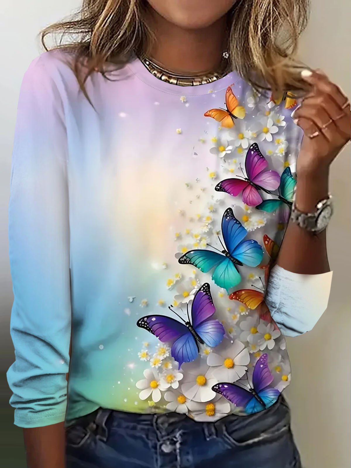 T-shirts Femmes Décontracté Printemps / Automne Papillon Micro-élasticité Quotidien Ample Col Rond Régulier Régulier