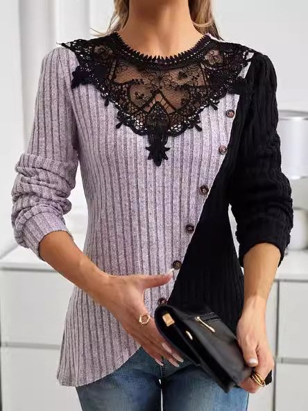 Chemisiers1 Décontracté Bloc de Couleur Printemps / Automne Polyester Micro-élasticité Ample Manches Longues Droit Régulier pour Femmes