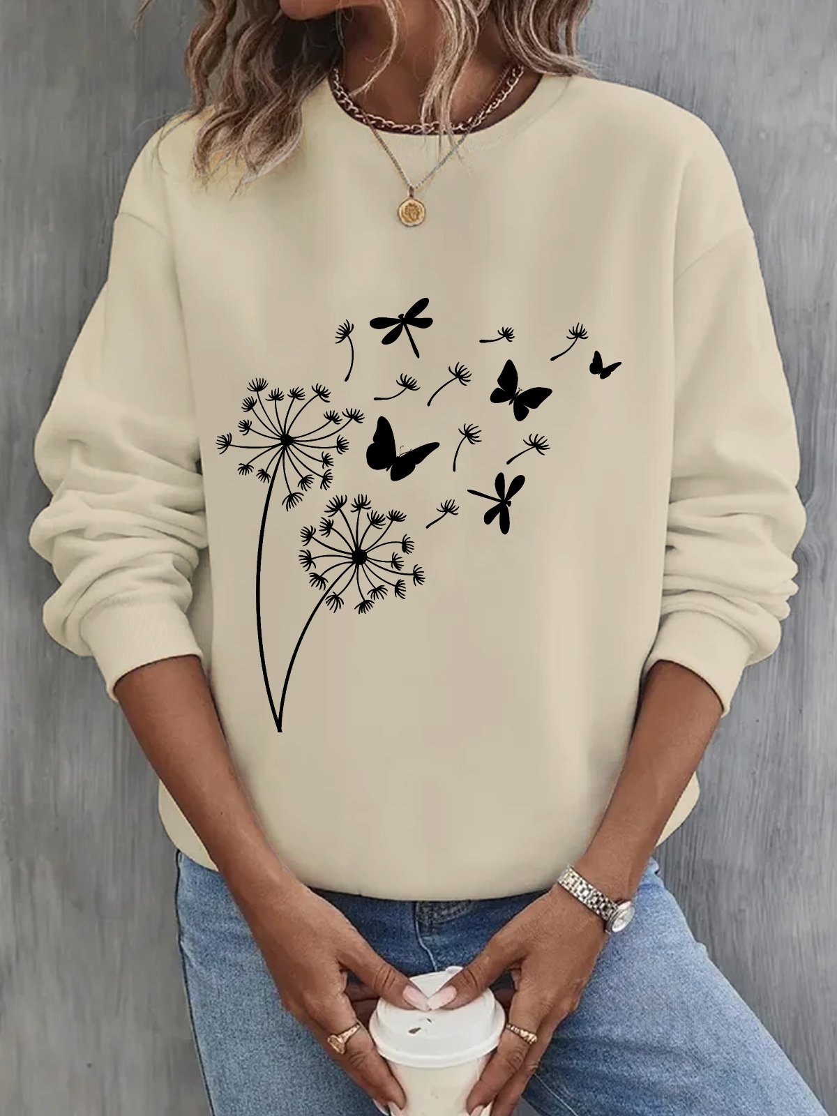 Sweat-shirts Femmes Décontracté Printemps / Automne Pissenlit Coton Micro-élasticité Ample Manches Longues Régulier Régulier
