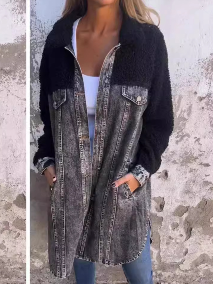 Col Châle Manches Longues Régulier Bloc de Couleur Blouson pour Femmes