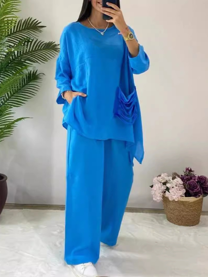 Deux Pièces Ensembles Décontracté Plain Printemps / Automne Polyester Micro-élasticité Quotidien Top Avec Pantalons Droit Régulier pour Femmes