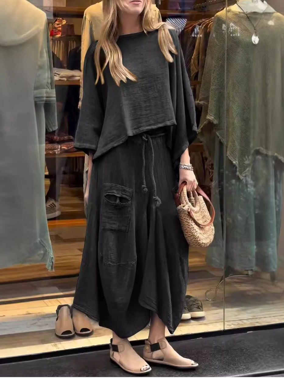 Deux Pièces Ensembles Femmes Décontracté Plain Printemps / Automne Polyester Col V Ample Manches trois quarts Top Avec Pantalons Régulier
