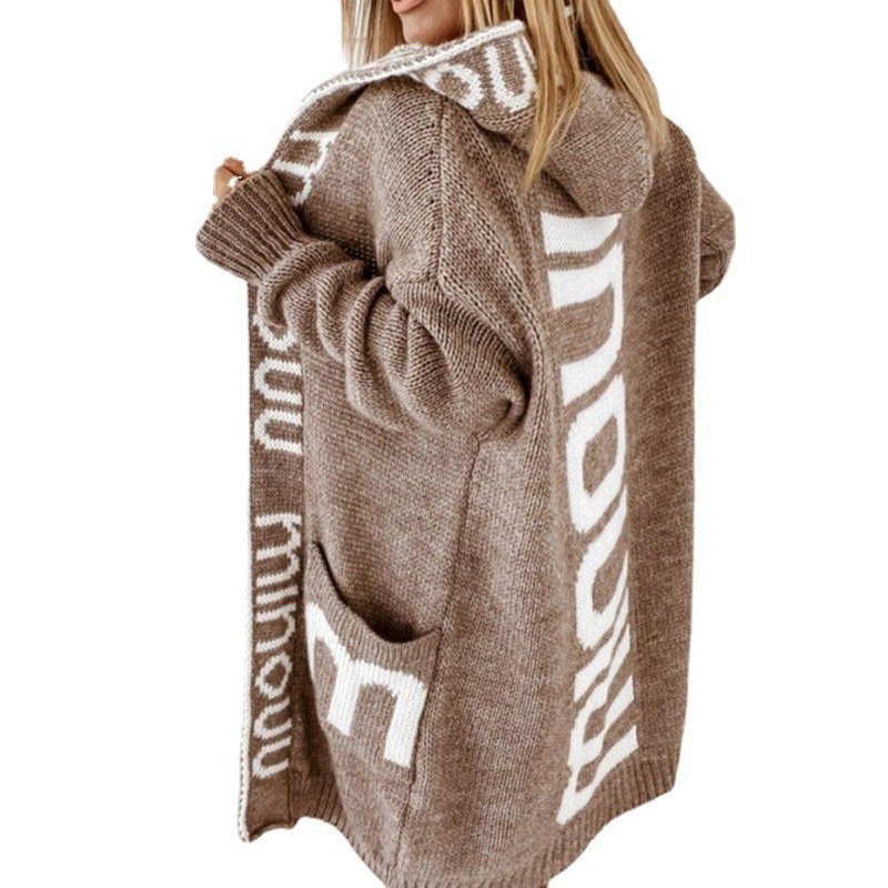 Cardigans Décontracté Hiver Lettres de texte Sweat-shirt à Capuche Manches Longues Mi-long Épaissi Droit Élasticité moyenne pour Femmes