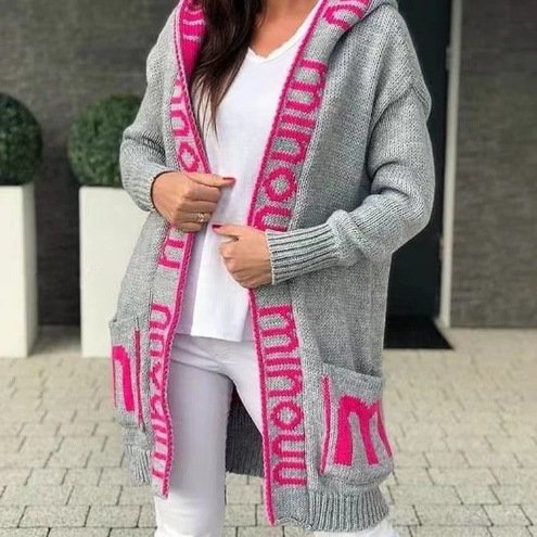 Cardigans Décontracté Hiver Lettres de texte Sweat-shirt à Capuche Manches Longues Mi-long Épaissi Droit Élasticité moyenne pour Femmes