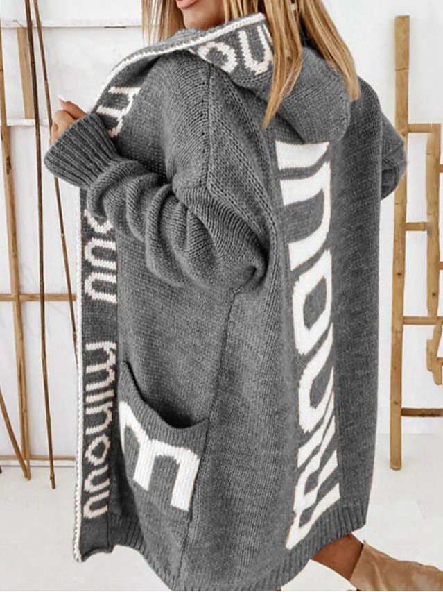 Cardigans Décontracté Hiver Lettres de texte Sweat-shirt à Capuche Manches Longues Mi-long Épaissi Droit Élasticité moyenne pour Femmes