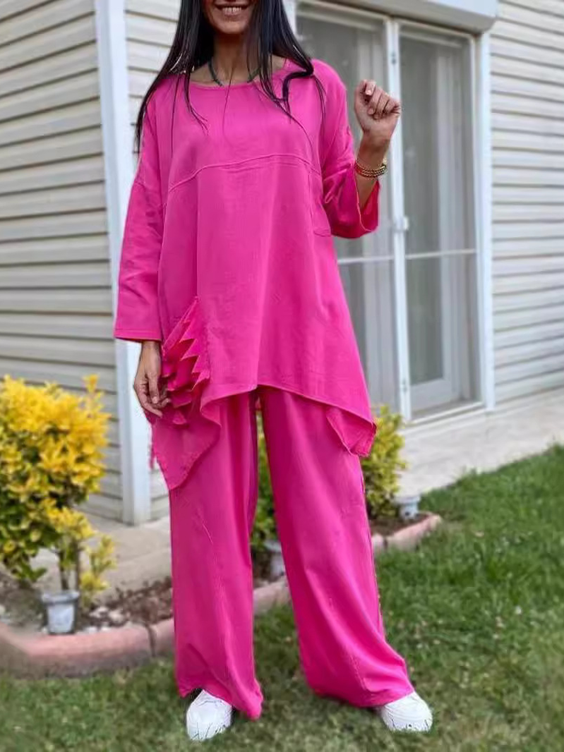 Deux Pièces Ensembles Décontracté Plain Printemps / Automne Polyester Micro-élasticité Quotidien Top Avec Pantalons Droit Régulier pour Femmes