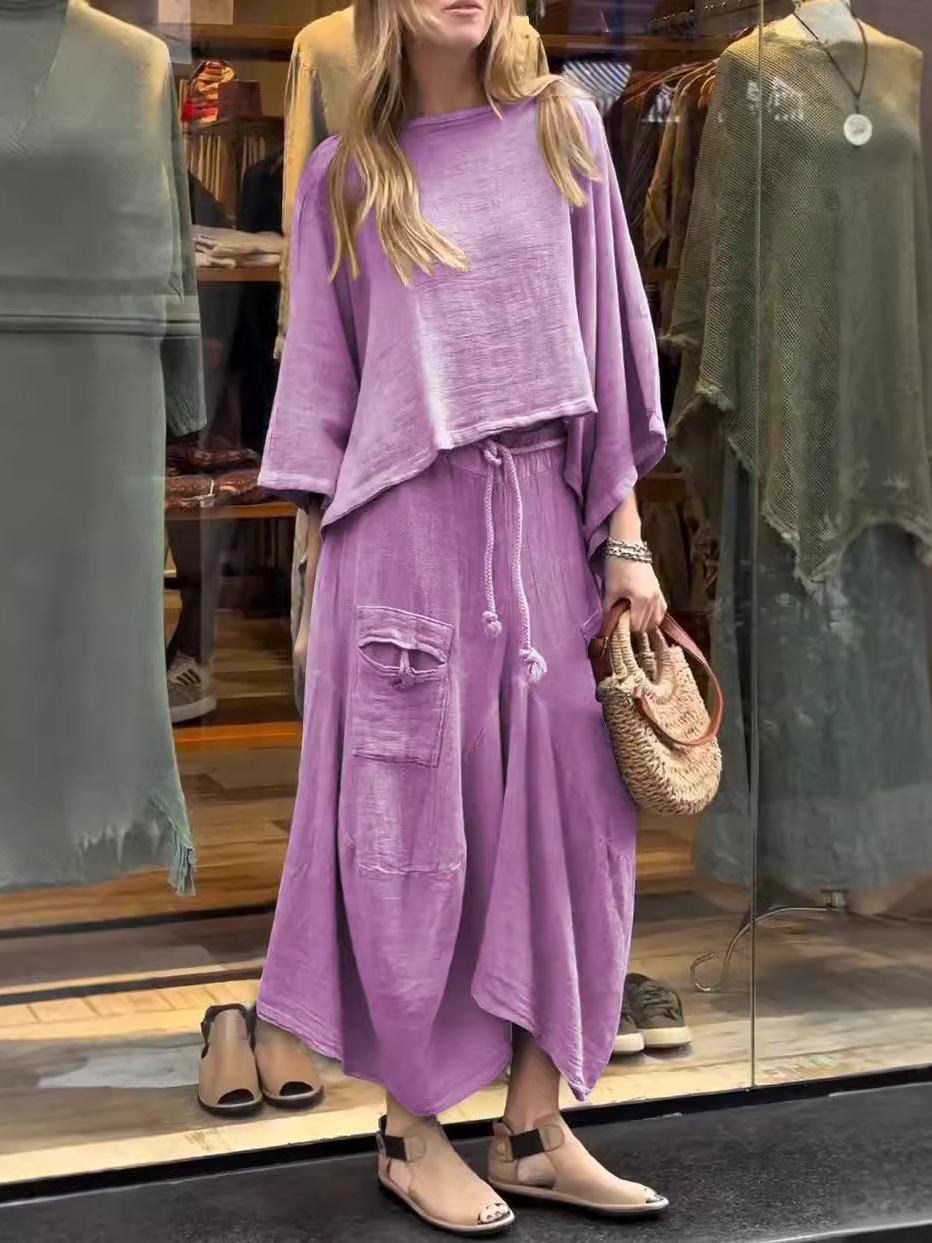 Deux Pièces Ensembles Femmes Décontracté Plain Printemps / Automne Polyester Col V Ample Manches trois quarts Top Avec Pantalons Régulier