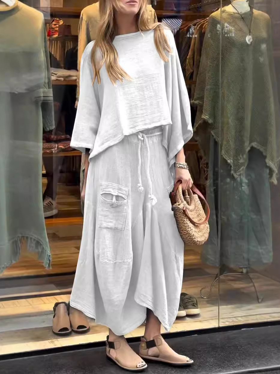Deux Pièces Ensembles Femmes Décontracté Plain Printemps / Automne Polyester Col V Ample Manches trois quarts Top Avec Pantalons Régulier