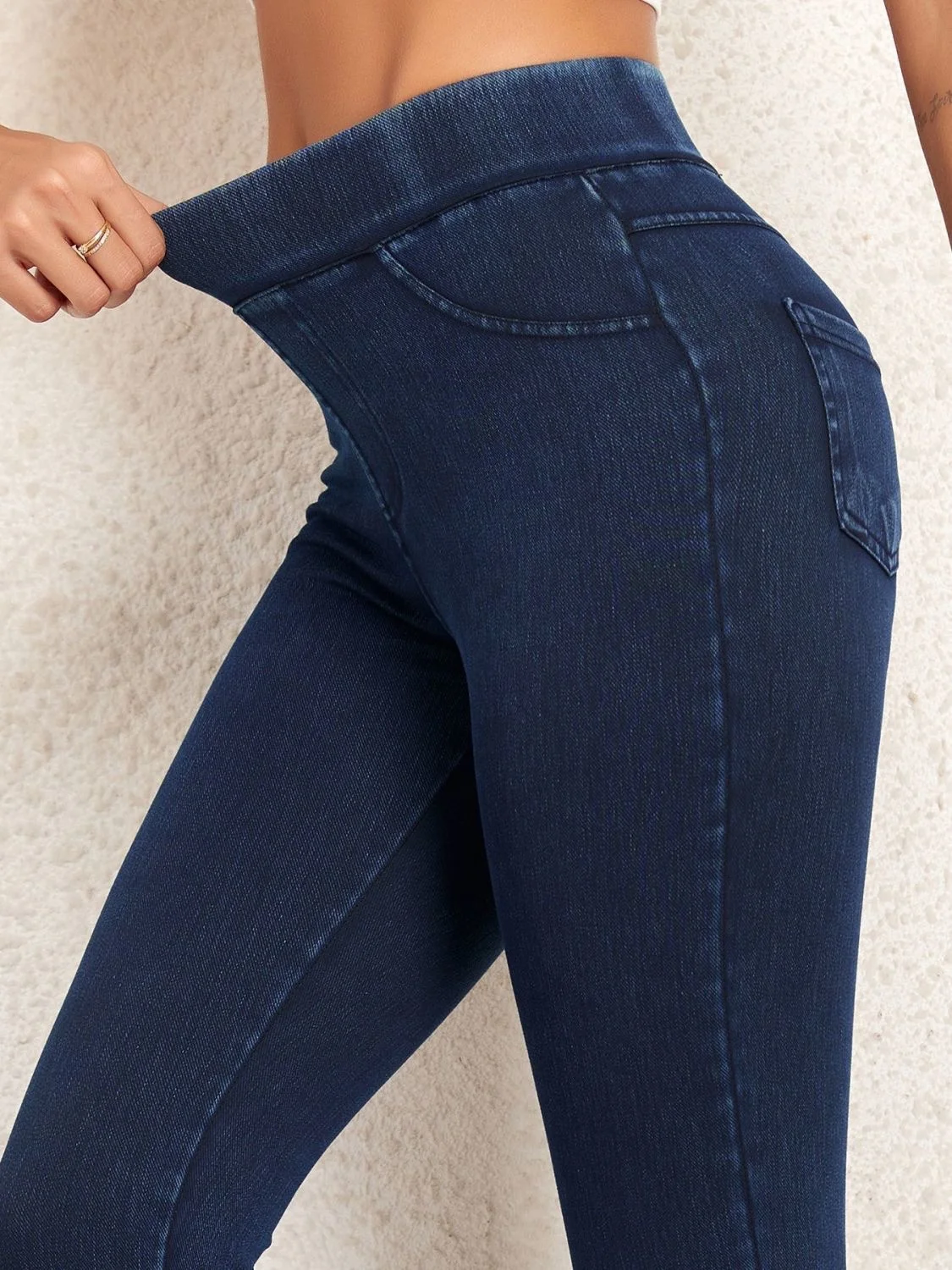 Jeans Décontracté Plain Printemps / Automne à Haute Élasticité Serré Toile de Jean Long Droit Régulier pour Femmes