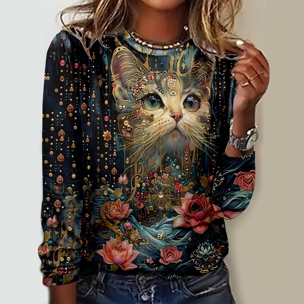 T-shirts Femmes Décontracté Chat Printemps / Automne Micro-élasticité Ample Manches Longues Col Rond Régulier Régulier