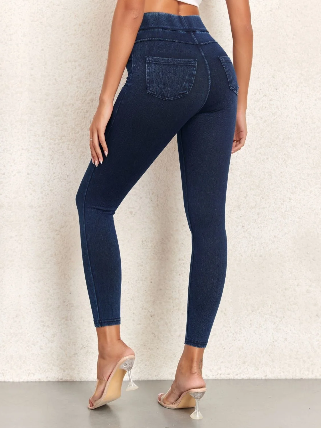 Jeans Décontracté Plain Printemps / Automne à Haute Élasticité Serré Toile de Jean Long Droit Régulier pour Femmes