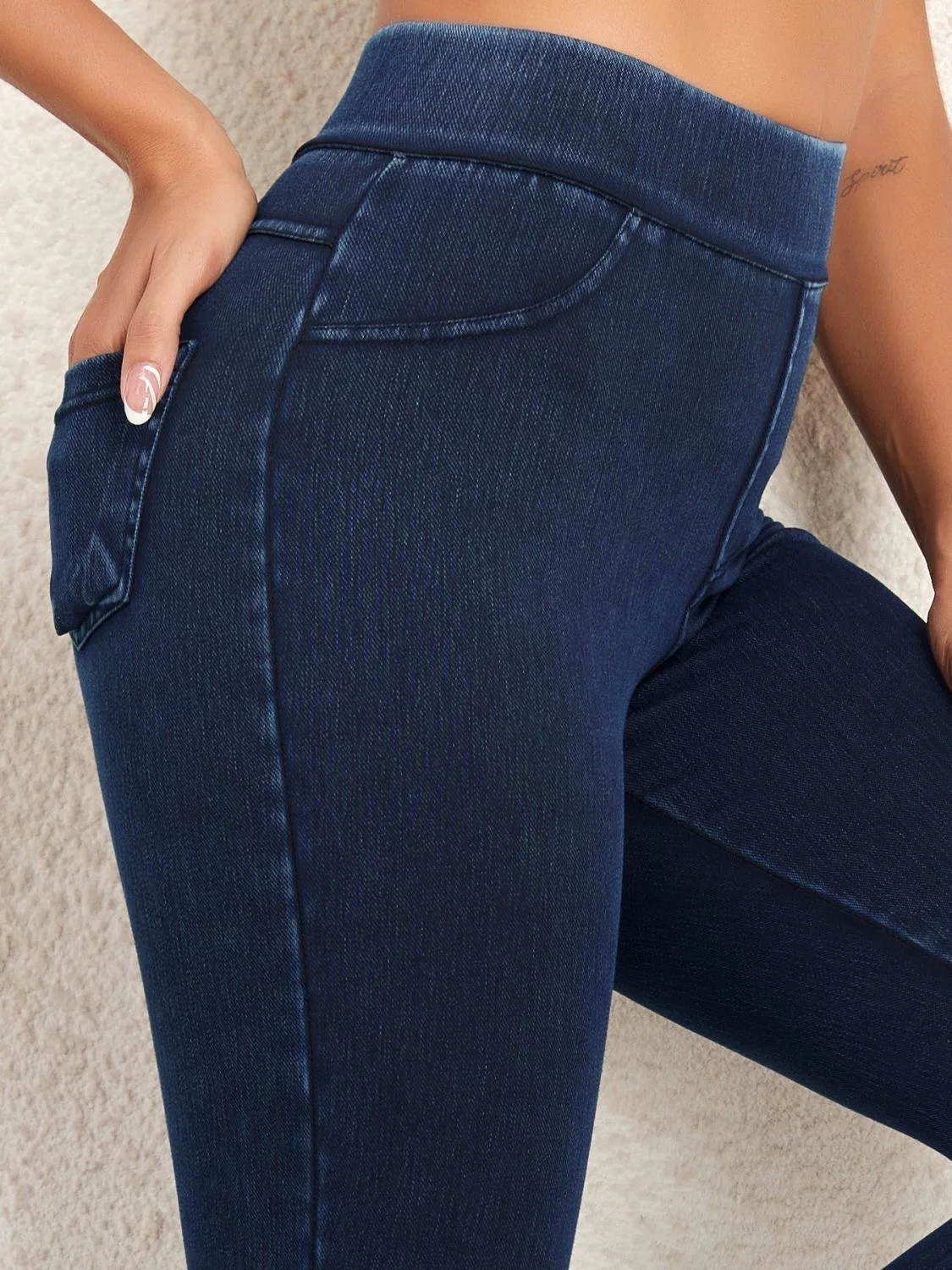 Jeans Décontracté Plain Printemps / Automne à Haute Élasticité Serré Toile de Jean Long Droit Régulier pour Femmes