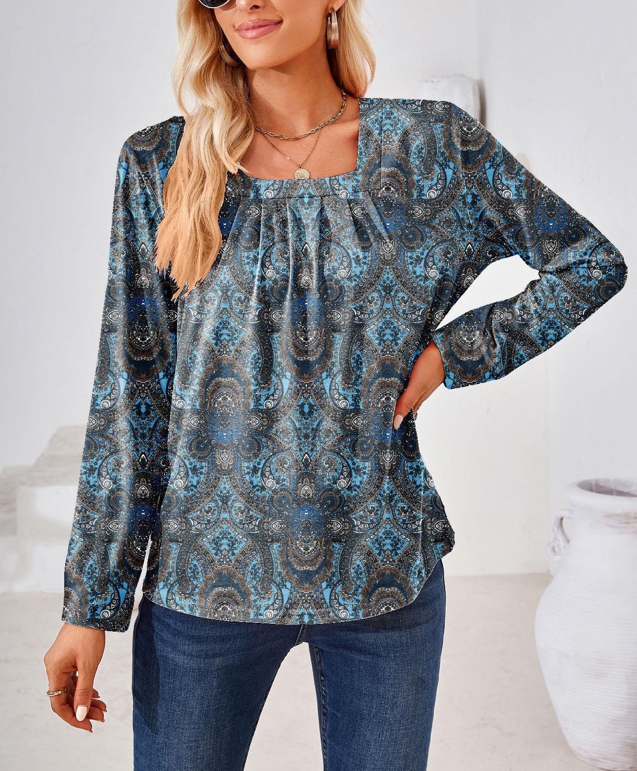 Chemisiers1 Décontracté Floral Printemps / Automne Col Carré Quotidien Brillant Régulier Droit Régulier pour Femmes