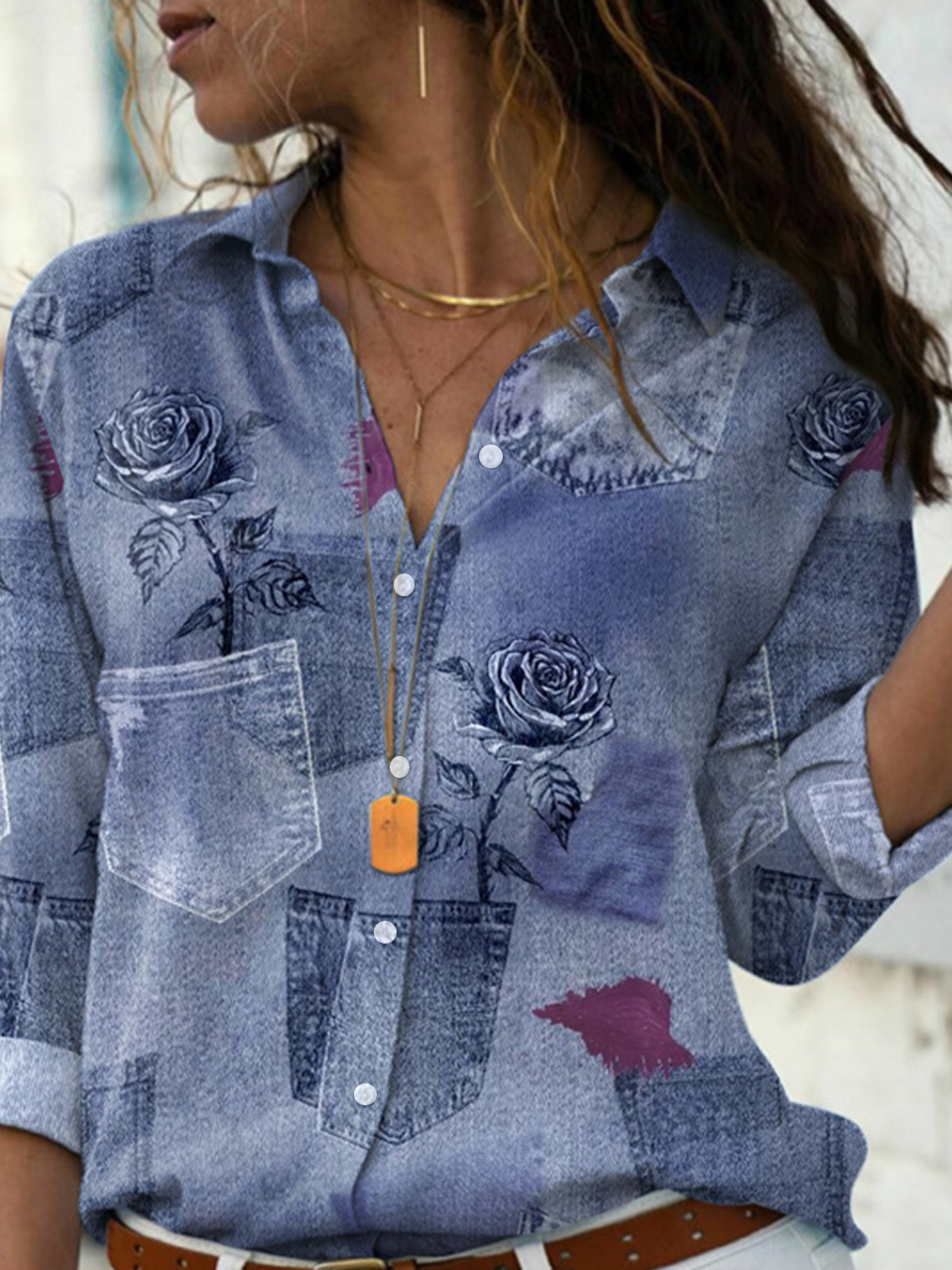 Chemises Femmes Décontracté Floral Printemps / Automne Polyester Léger Aucune élasticité Manches trois quarts Droit Col de Chemise