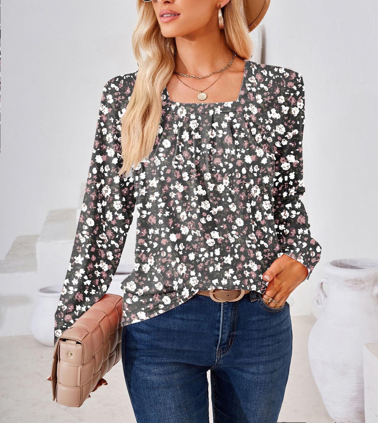 Chemisiers1 Décontracté Floral Printemps / Automne Col Carré Quotidien Brillant Régulier Droit Régulier pour Femmes