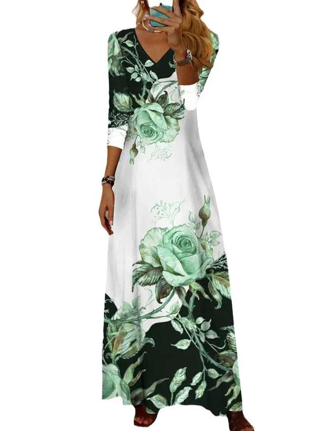 Femmes Floral Jaune Col V Confortable Robe Maxi Décontracté