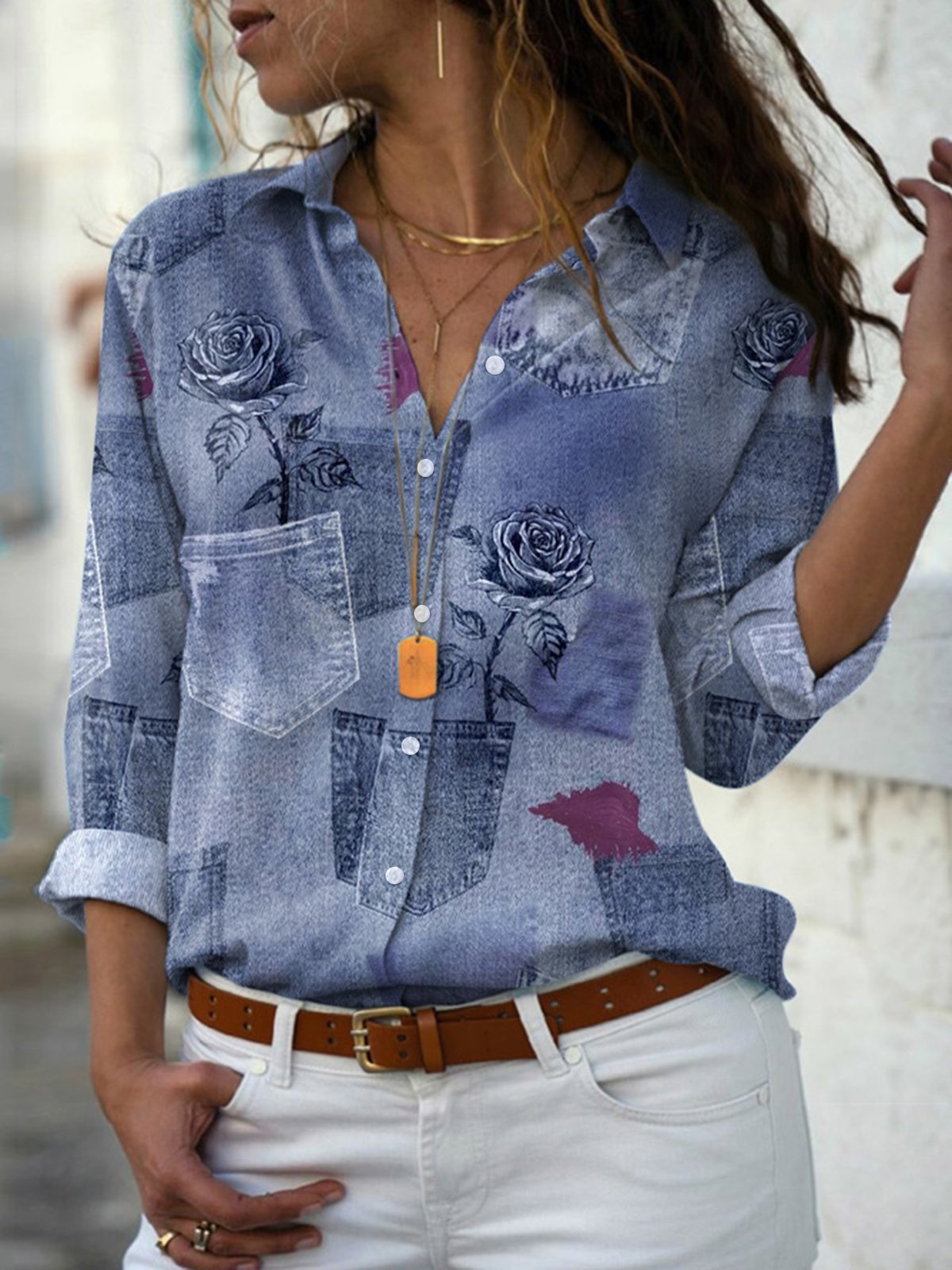 Chemises Femmes Décontracté Floral Printemps / Automne Polyester Léger Aucune élasticité Manches trois quarts Droit Col de Chemise