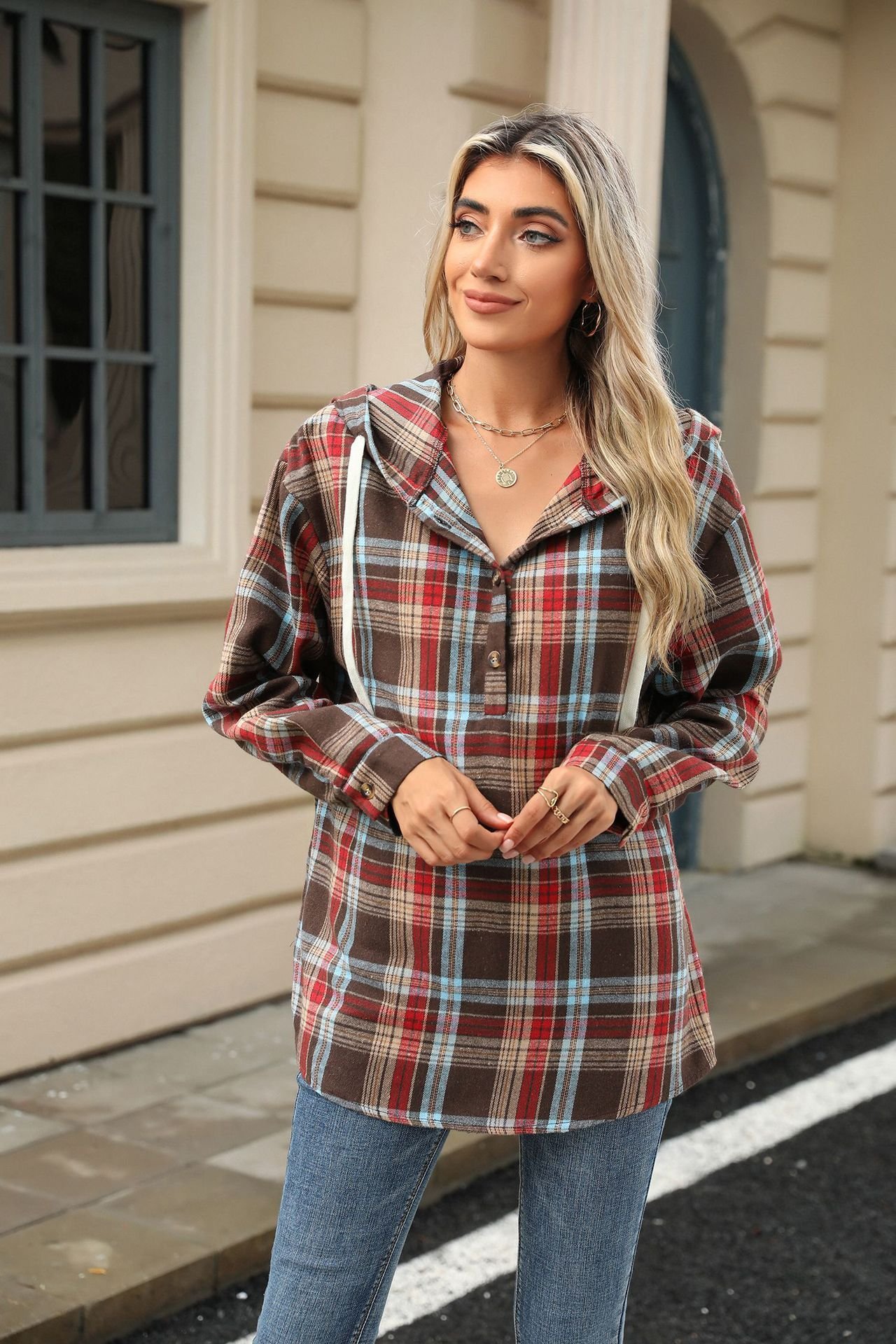 à Capuche Décontracté Printemps / Automne Plaid Sweat-shirt à Capuche Naturel Aucune élasticité Manches Longues Droit Régulier pour Femmes