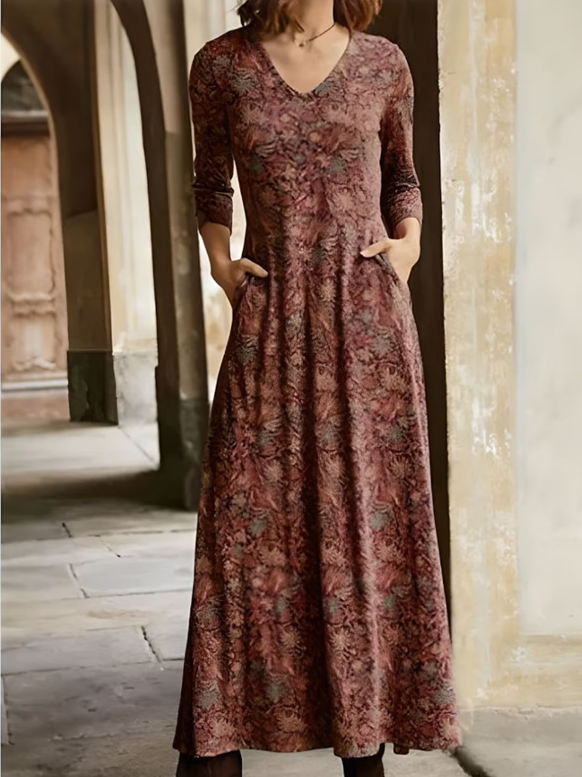 Femmes Floral Brun Col V Confortable Robe Maxi Décontracté