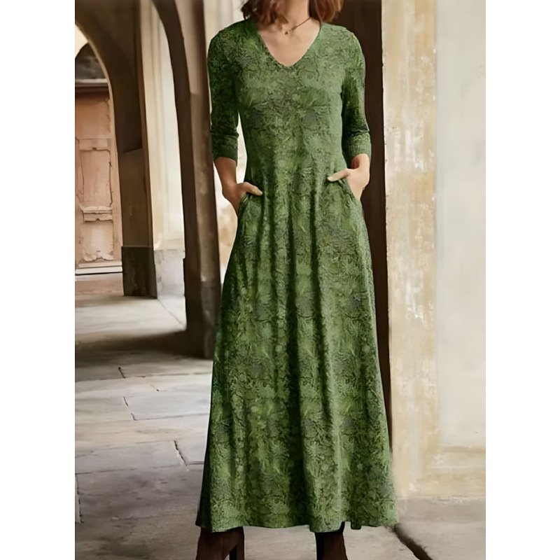 Femmes Floral Brun Col V Confortable Robe Maxi Décontracté