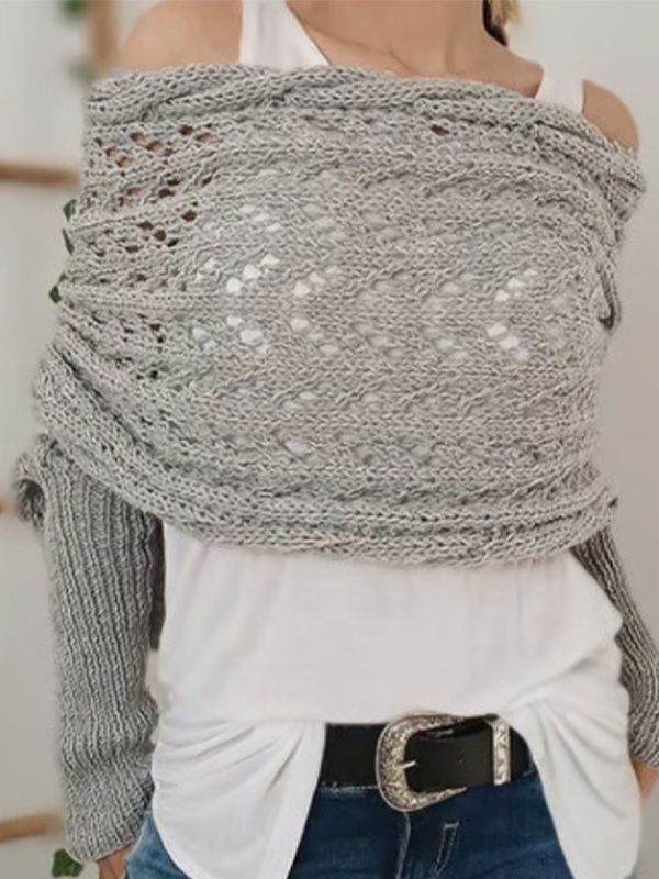 Pulls Boho Plain Printemps / Automne Acrylique Micro-élasticité Coupe Régulière Manches Longues O-Ligne À Épaules Dénudées pour Femmes