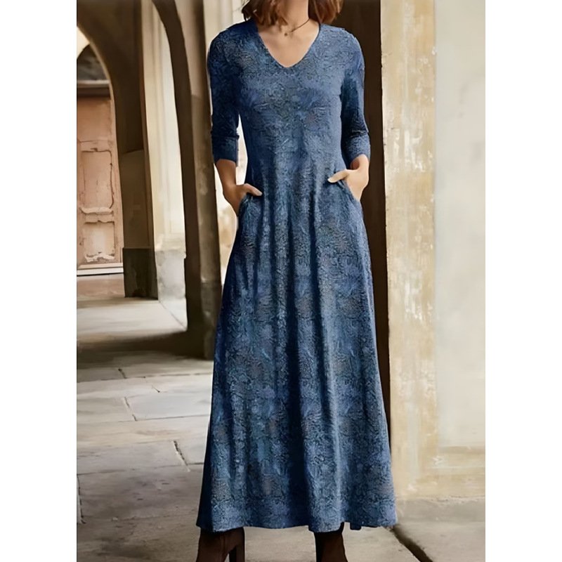 Femmes Floral Brun Col V Confortable Robe Maxi Décontracté